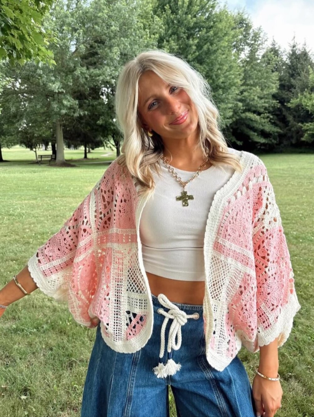 One Size Pink And Ivory Crochet Open Cardigan- NWT